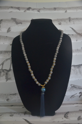 Gray Beaded Necklace with Tassels