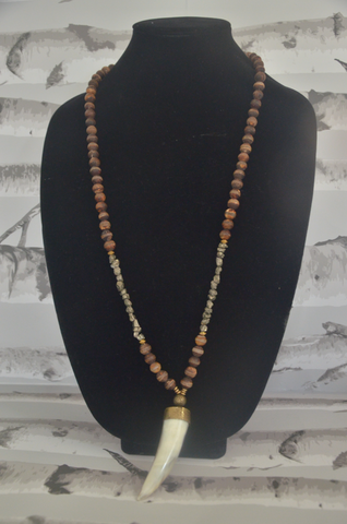 Brown Beaded Necklace with Tooth